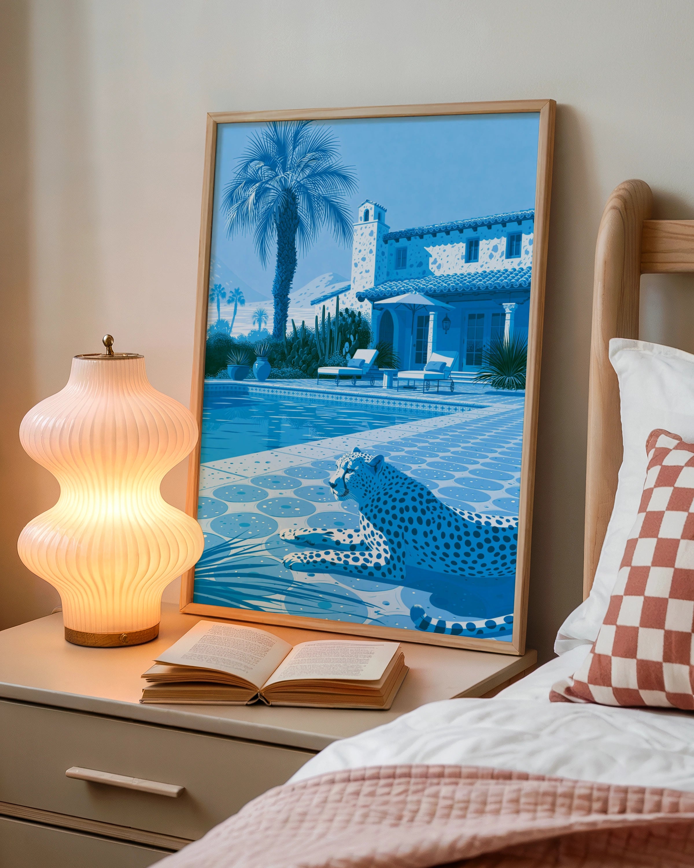 Cheetah by Pool Poster, Blue Monochrome Villa Print, Luxury Wildlife Art