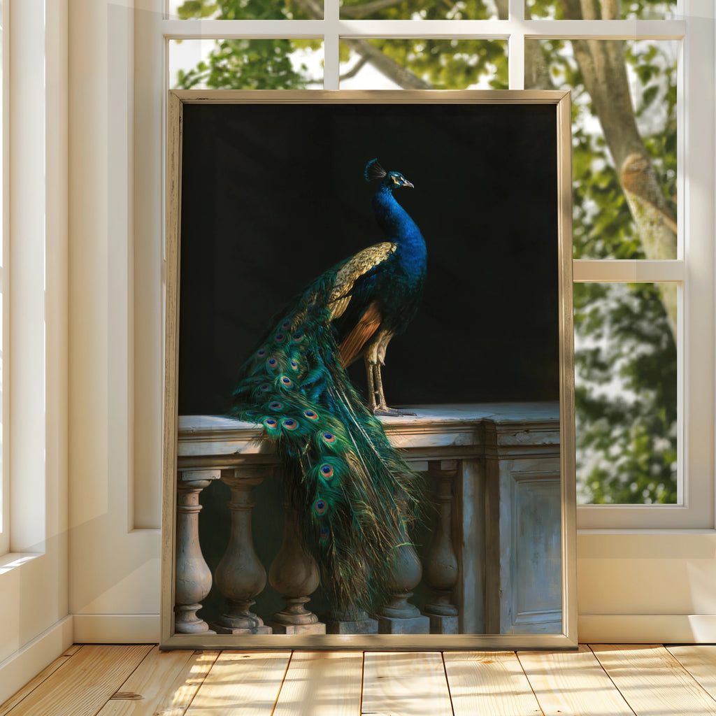 Peacock Antique Painting Poster, Teal Gold Bird Wall Art, Dark Classical Style