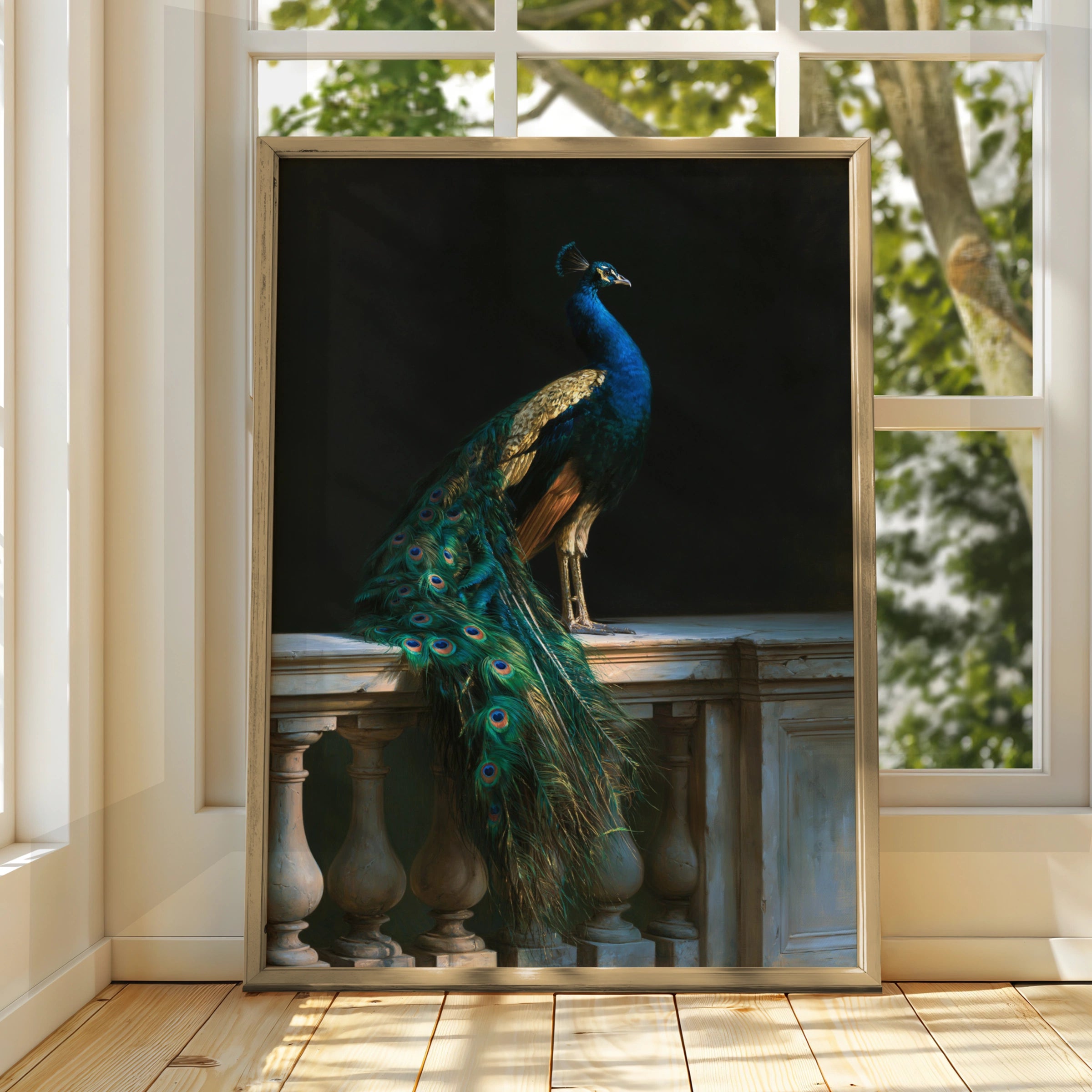 Peacock Antique Painting Poster, Teal Gold Bird Wall Art, Dark Classical Style