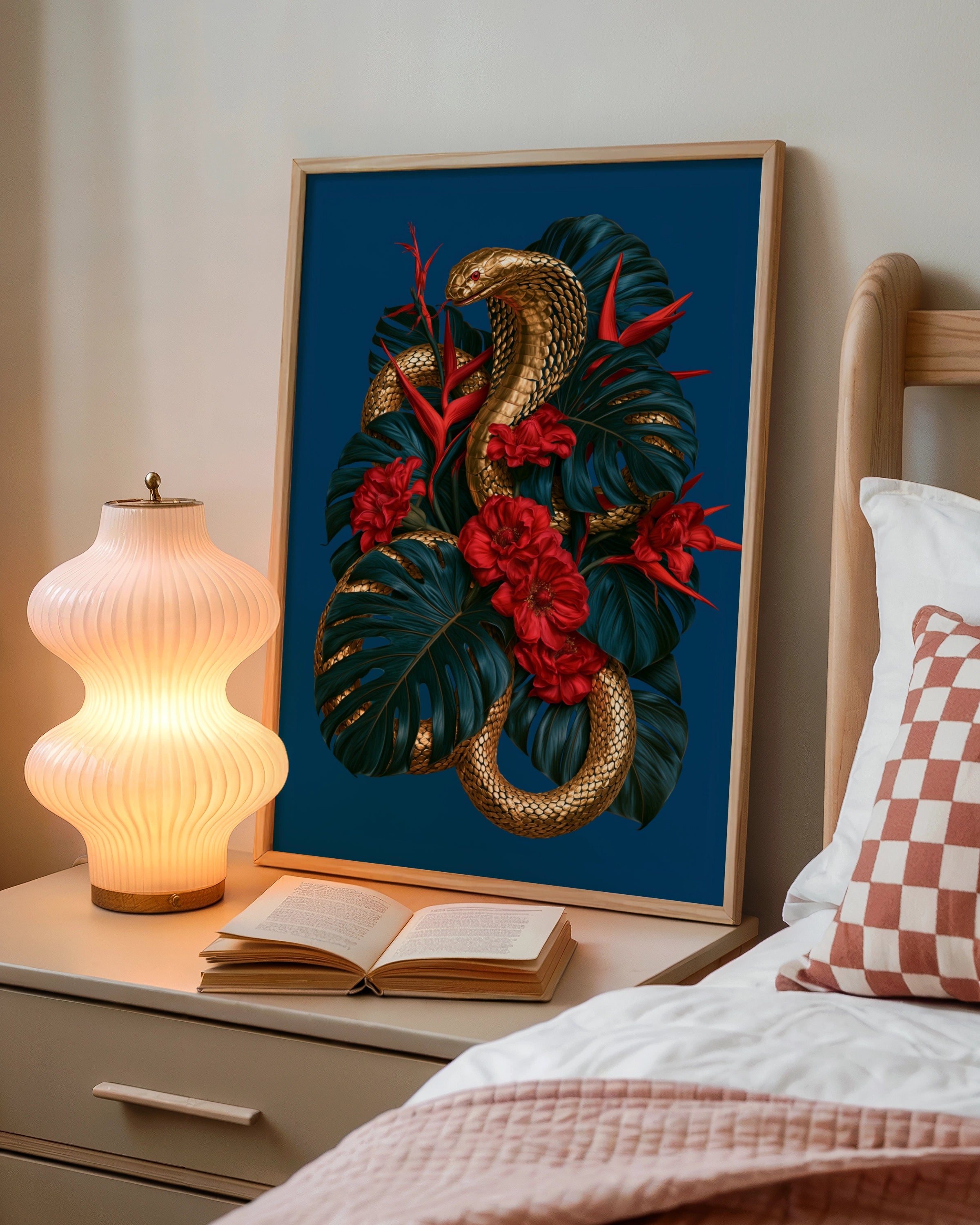 Gold Cobra Snake Monstera Flowers Poster, Tropical Botanical Wall Art Print