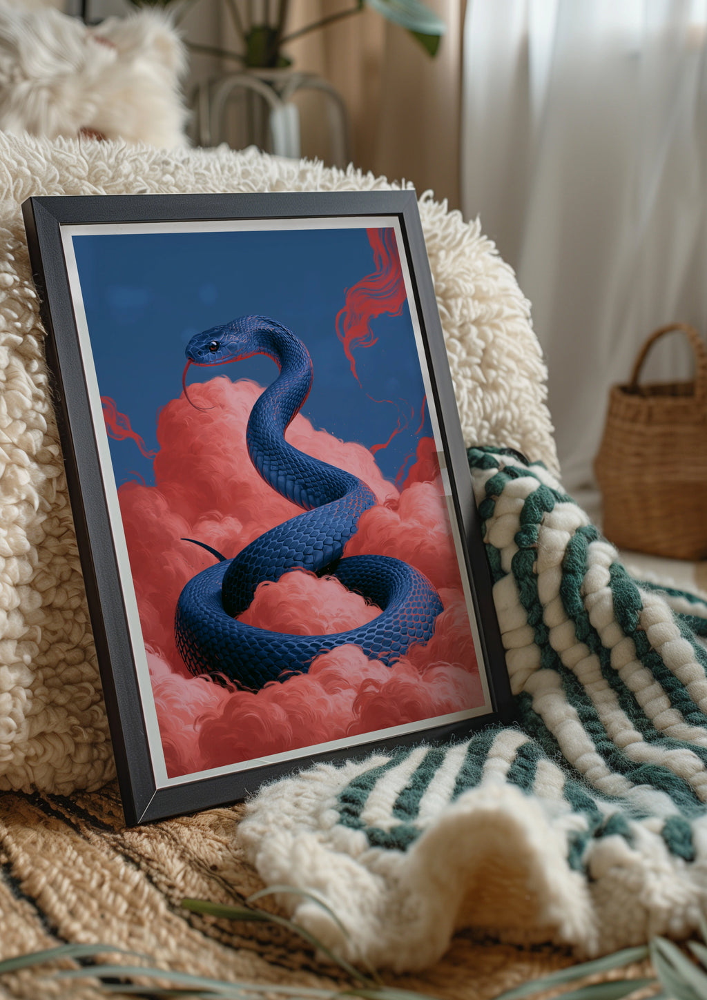 Blue Snake Pink Clouds Poster, Surreal Serpent Wall Art, Bold Colour Print