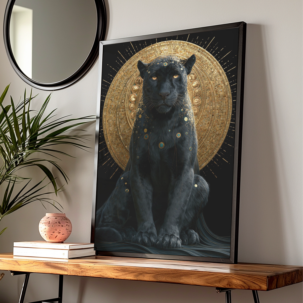 Black Panther Gold Halo Wall Art Poster, Mystical Big Cat Print