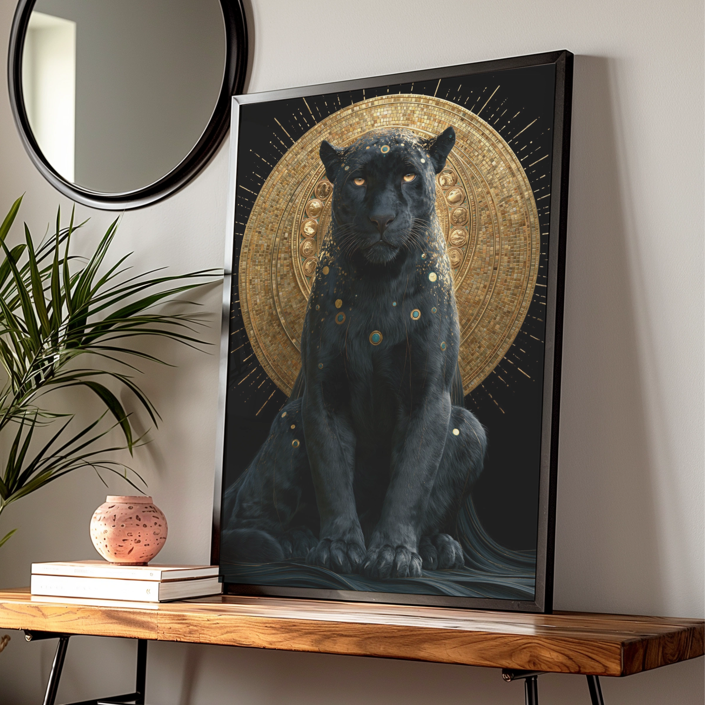 Black Panther Gold Halo Wall Art Poster, Mystical Big Cat Print
