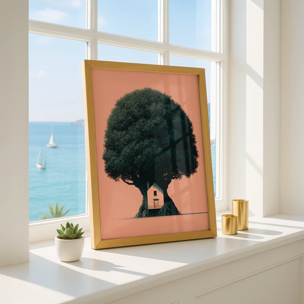 Giant Tree House Poster, Minimalist Nature Art Print, Peach Orange Wall Decor