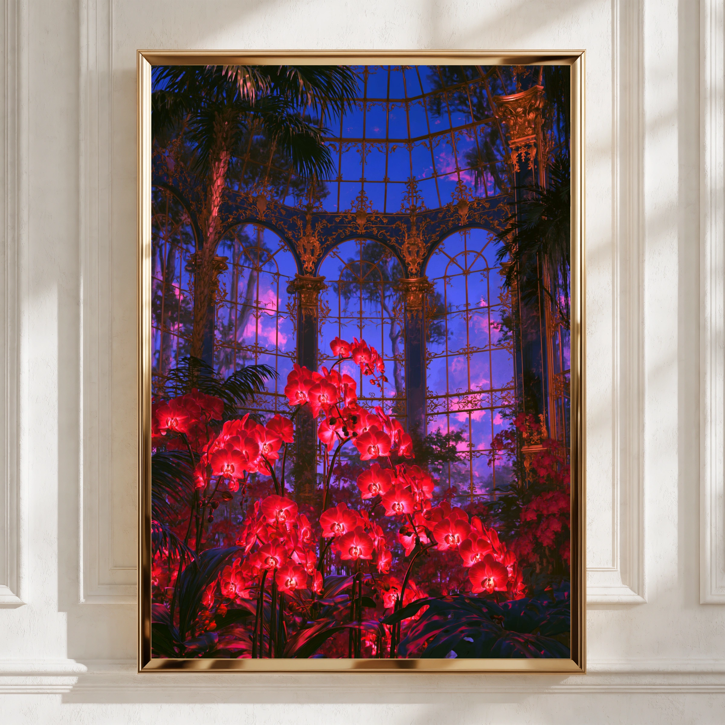 Red Orchids Glasshouse Poster, Victorian Greenhouse Art Print, Botanical Wall Art