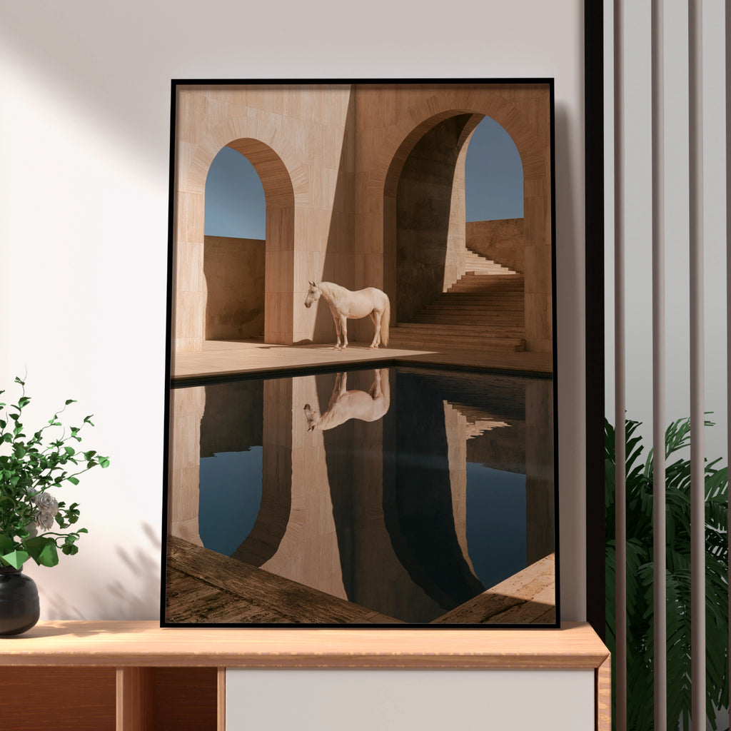 White Horse Reflection Travertine Arch Wall Art Poster, Minimalist Equine Print