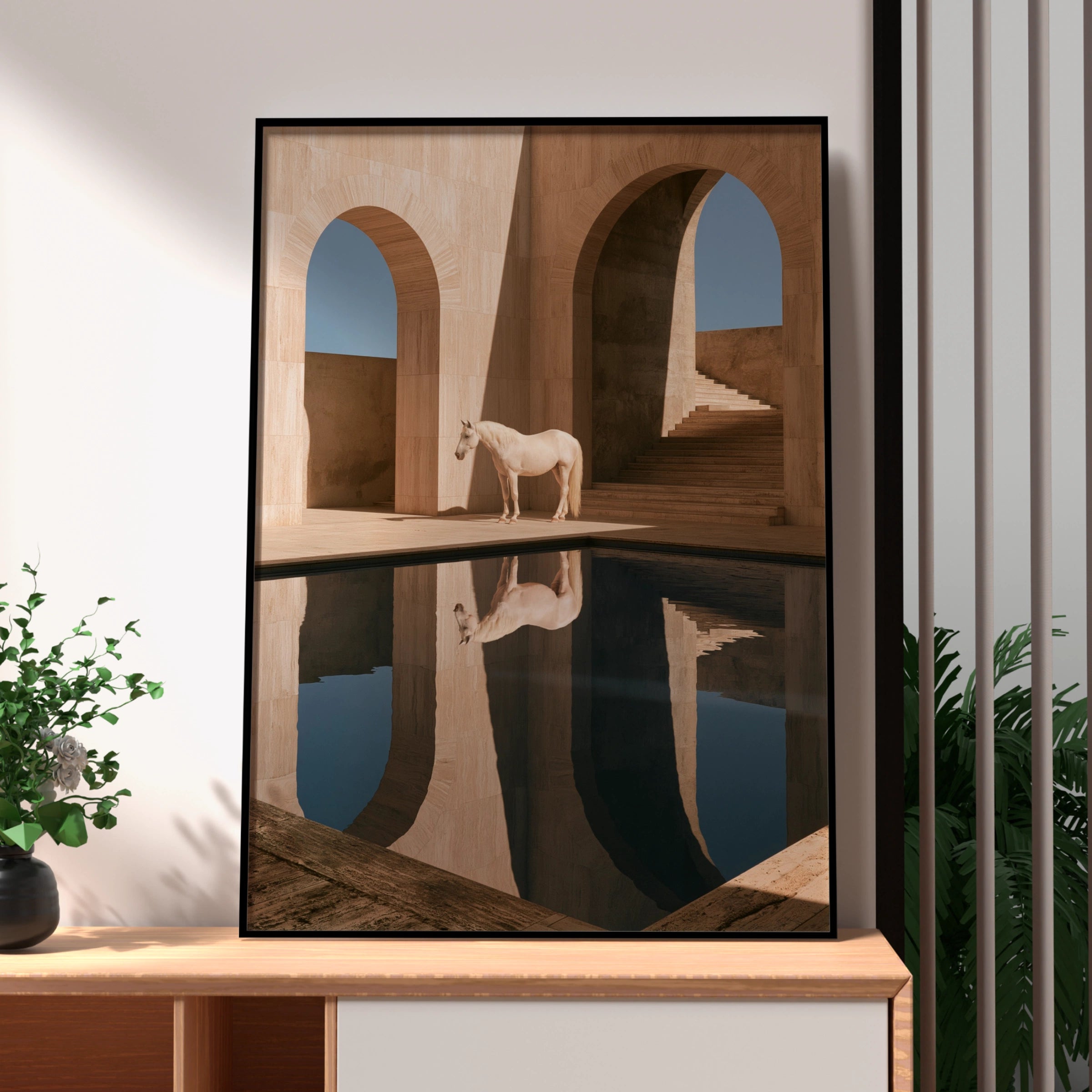 White Horse Reflection Travertine Arch Wall Art Poster, Minimalist Equine Print