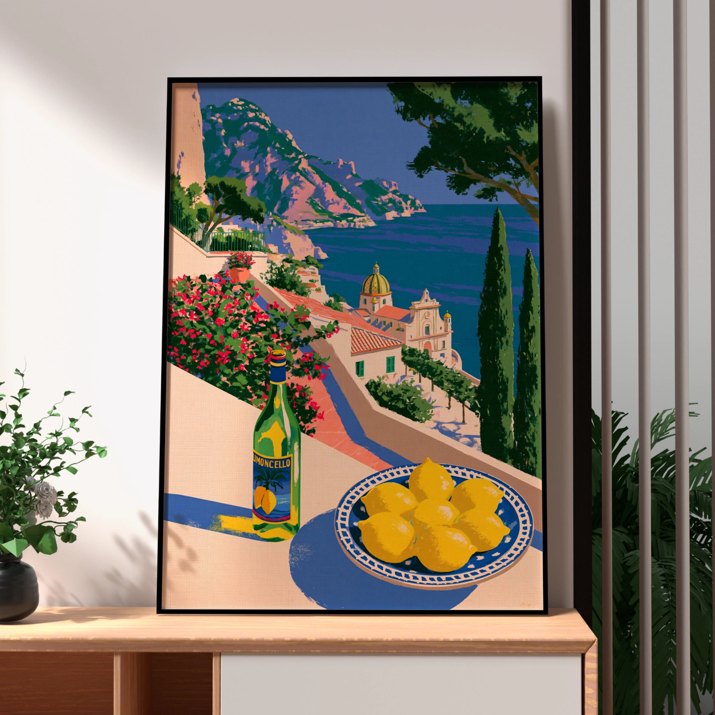 Limoncello Amalfi Coast Italy Poster, Lemon Mediterranean Sea Wall Art Print