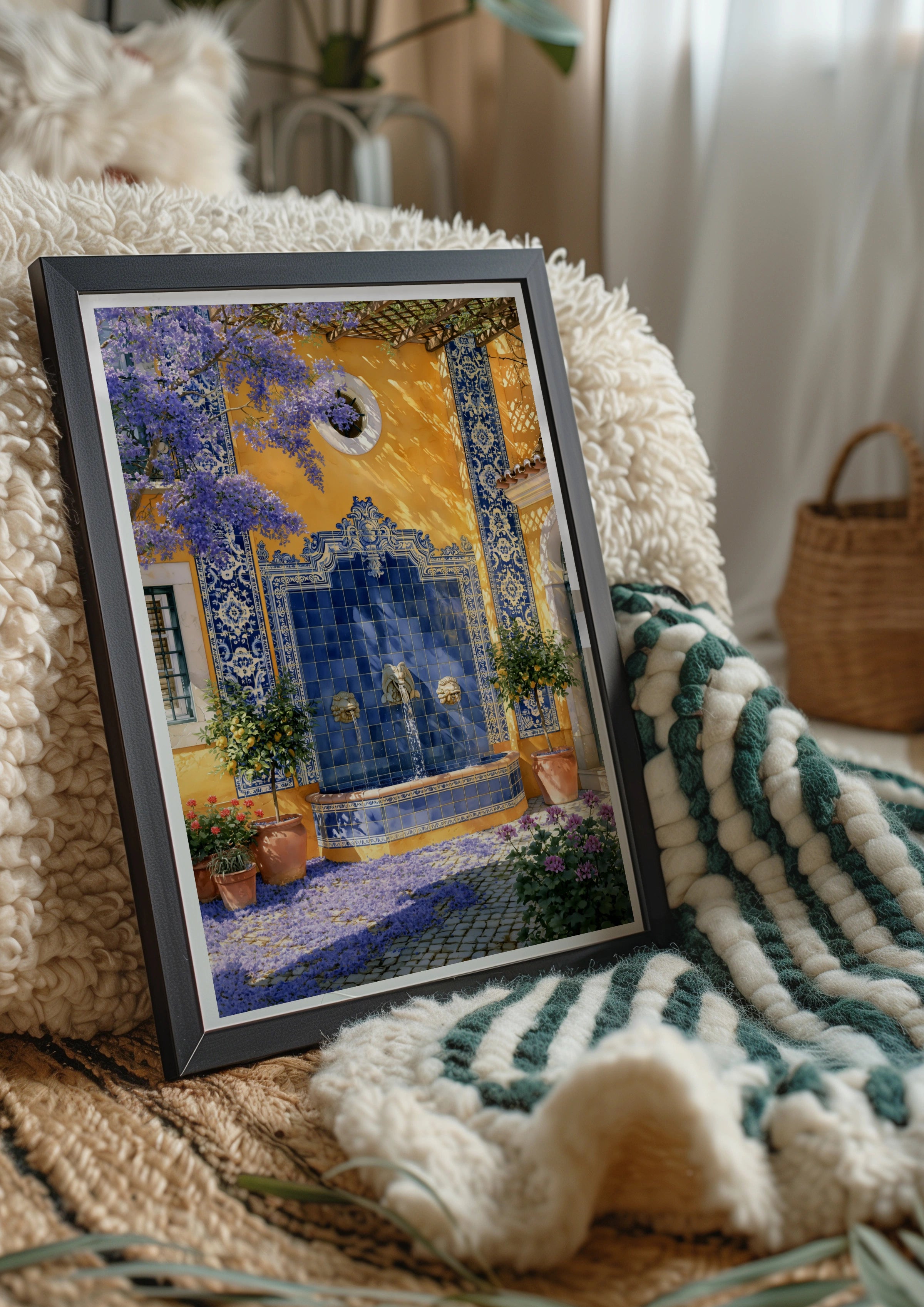 Portuguese Courtyard Fountain Wall Art Poster, Azulejo Tile Blue Yellow Print