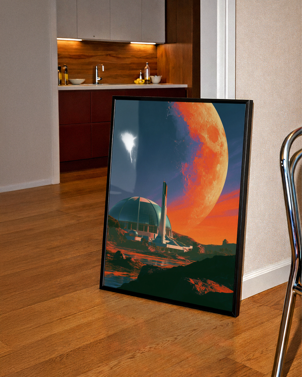 Space City Futuristic Colony Wall Art Poster, Sci-Fi Moon Print