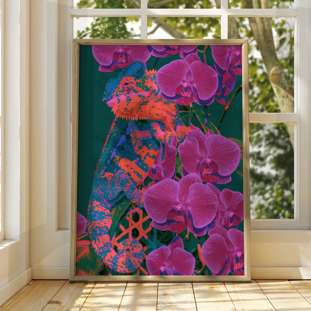 Chameleon Orchid Poster, Bold Orange Purple Tropical Wall Art, Neon Wildlife Print