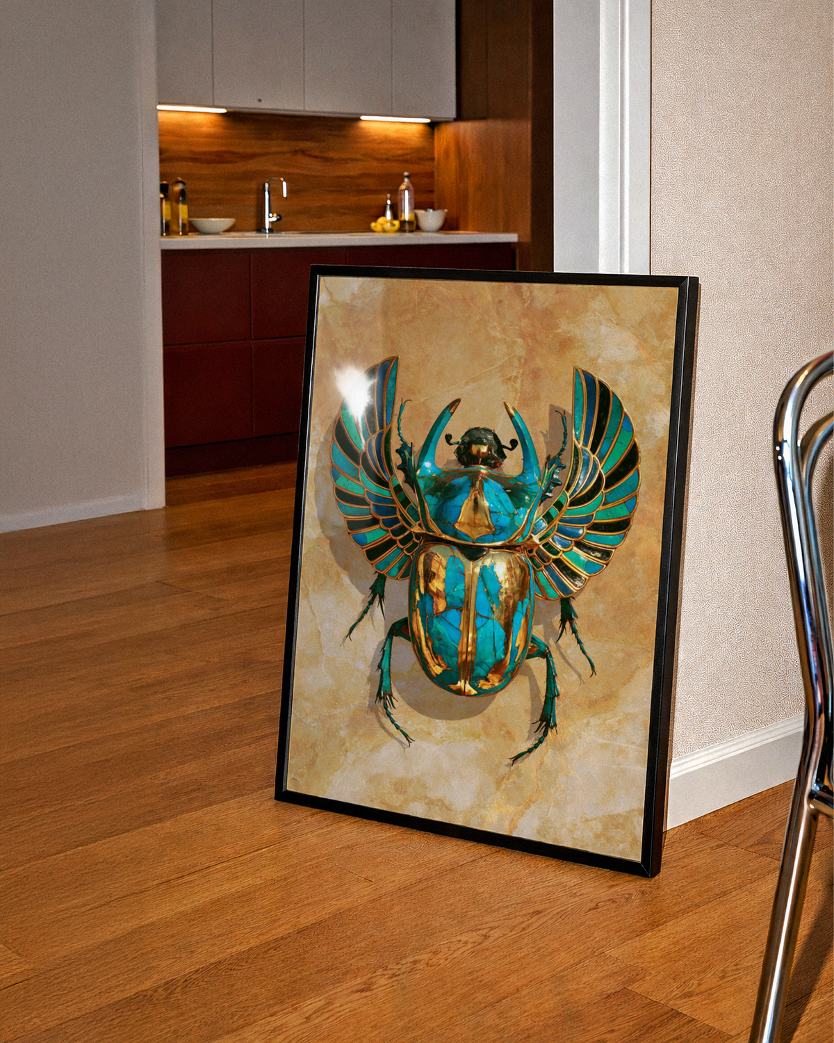 Egyptian Scarab Beetle Poster, Turquoise Gold Art Print, Ancient Egypt Wall Art