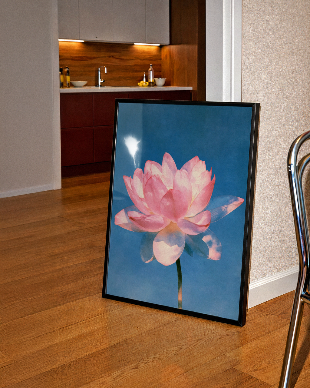 Pink Lotus Flower Poster, Botanical Wall Art, Blue Background, Watercolour Style