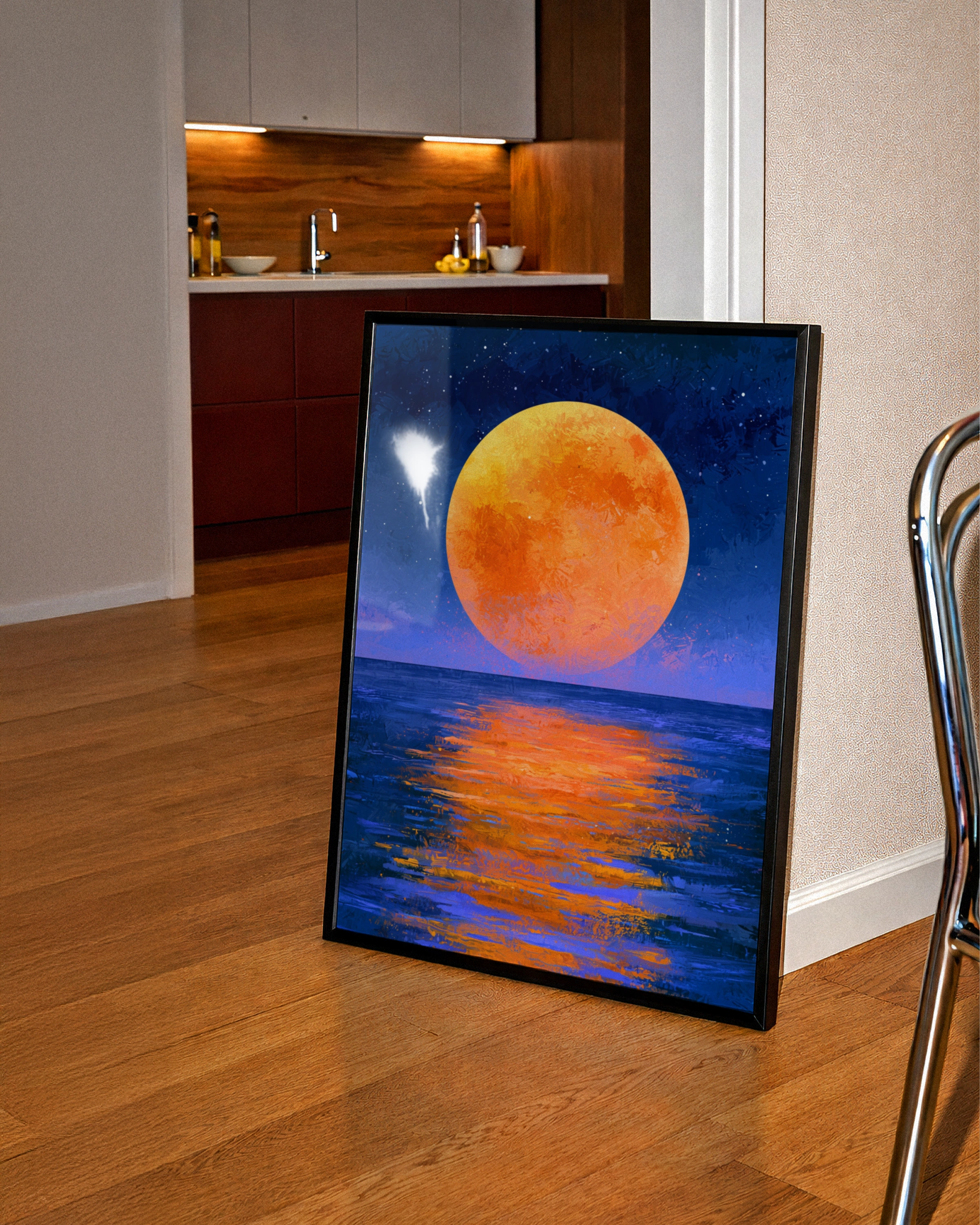 Orange Full Moon Over Ocean Wall Art Poster, Night Sky Print, Painterly Style