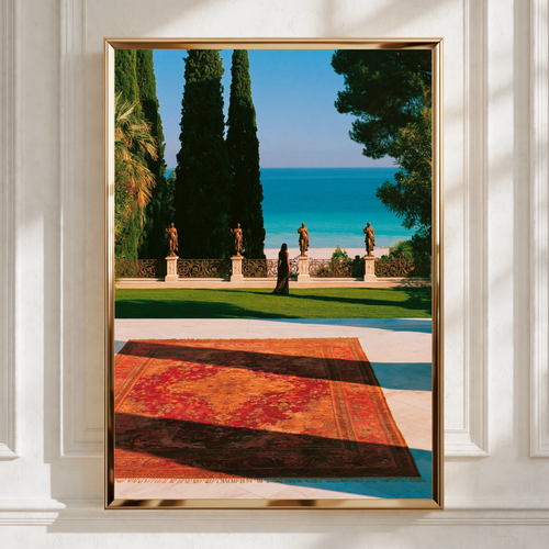 Italian Villa Statues Woman Ocean View Poster, Mediterranean Wall Art Print