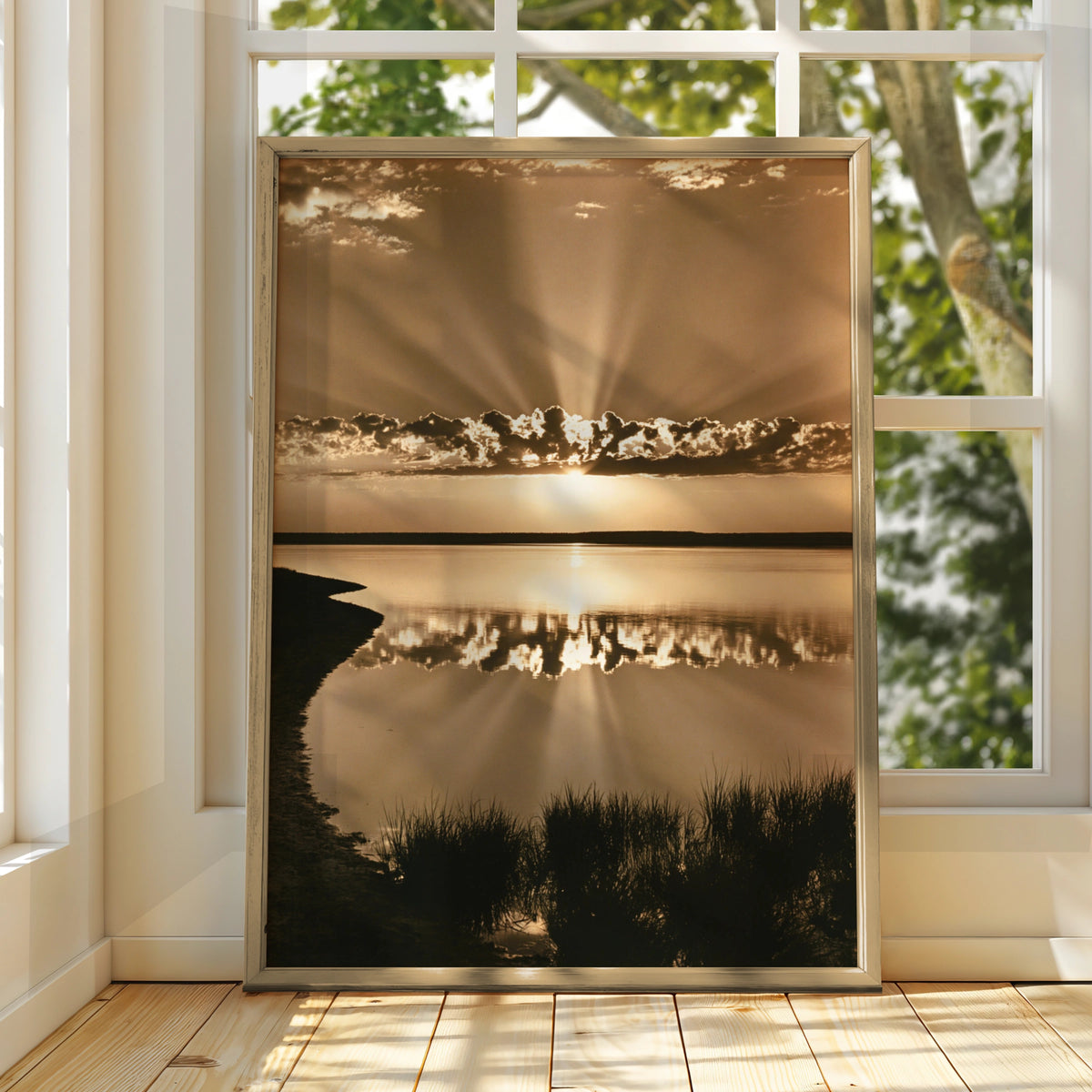 Sepia Sunrise Lake Reflection Poster, Sun Rays Sky, Vintage Nature Print