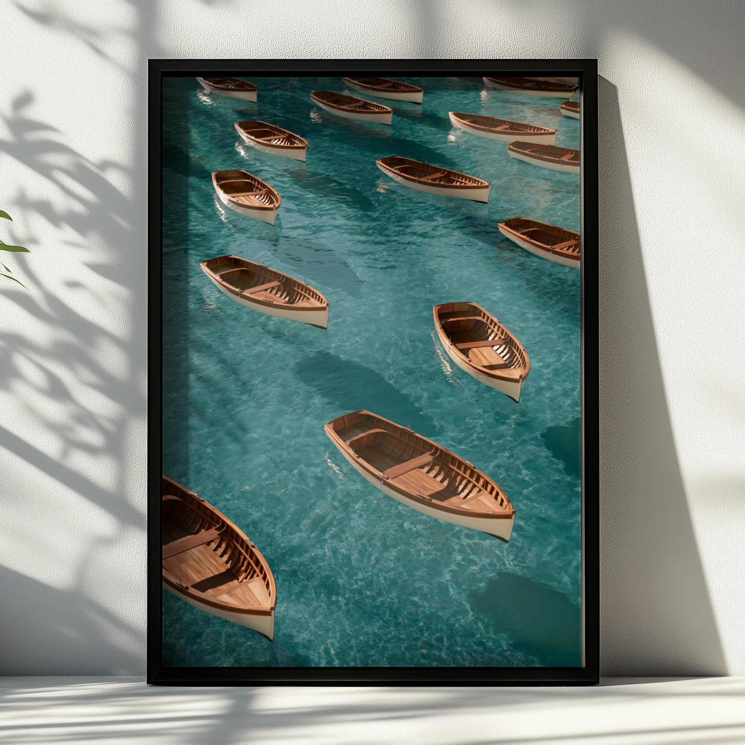 Wooden Rowing Boats Pattern Poster, Turquoise Ocean Wall Art Print