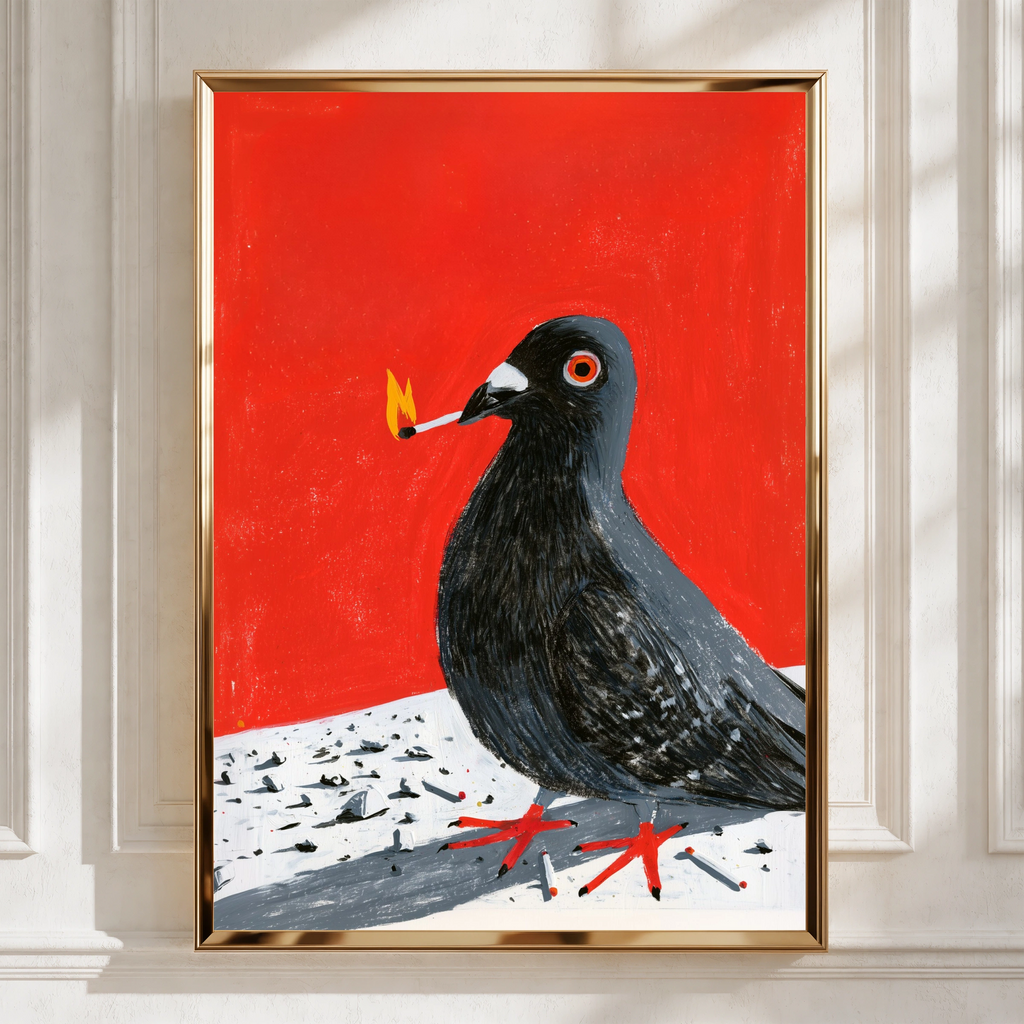 Pigeon with Match Poster, Bold Red Wall Art, Urban Bird Print