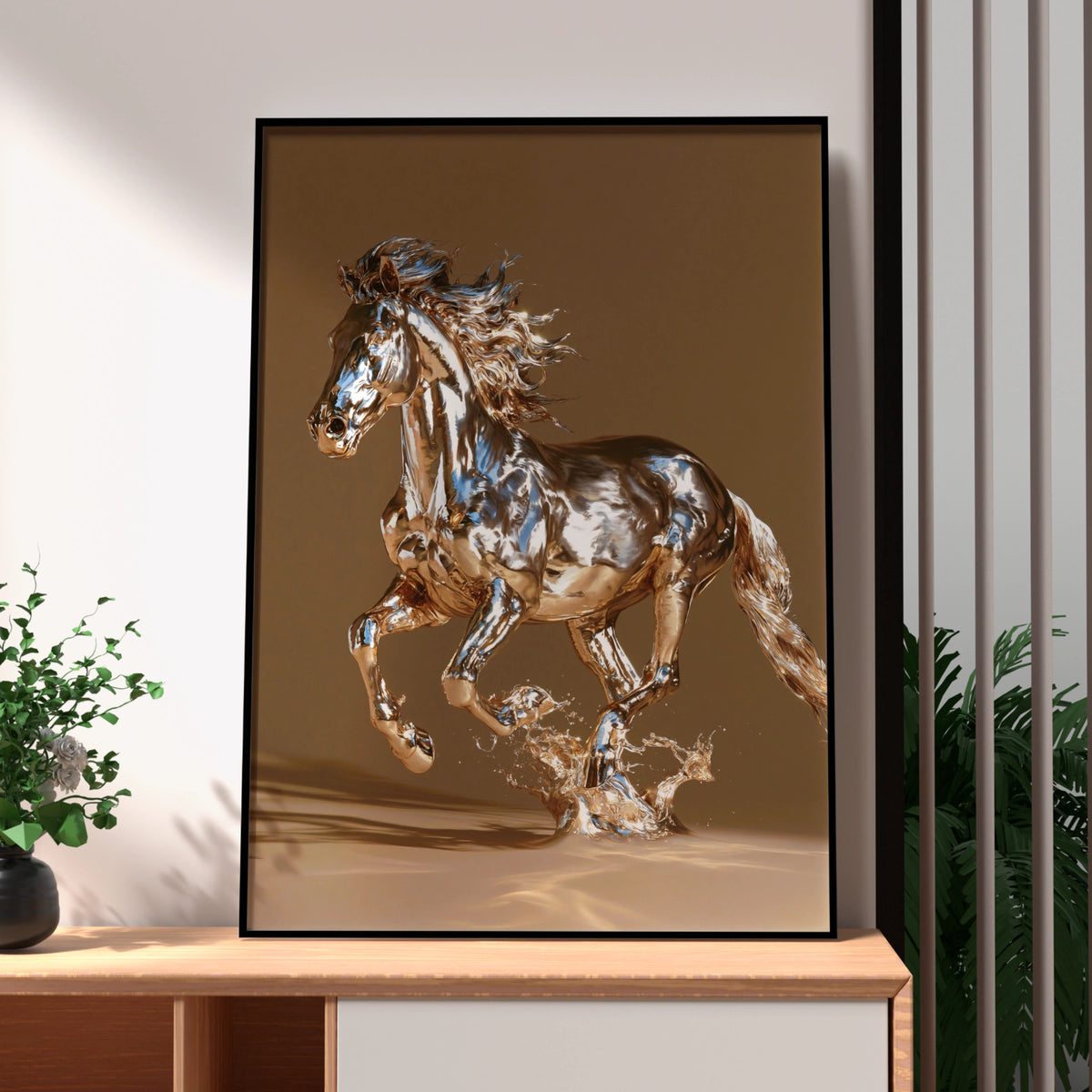 Chrome Horse Poster, Metallic Running Horse Wall Art, Modern Digital Print