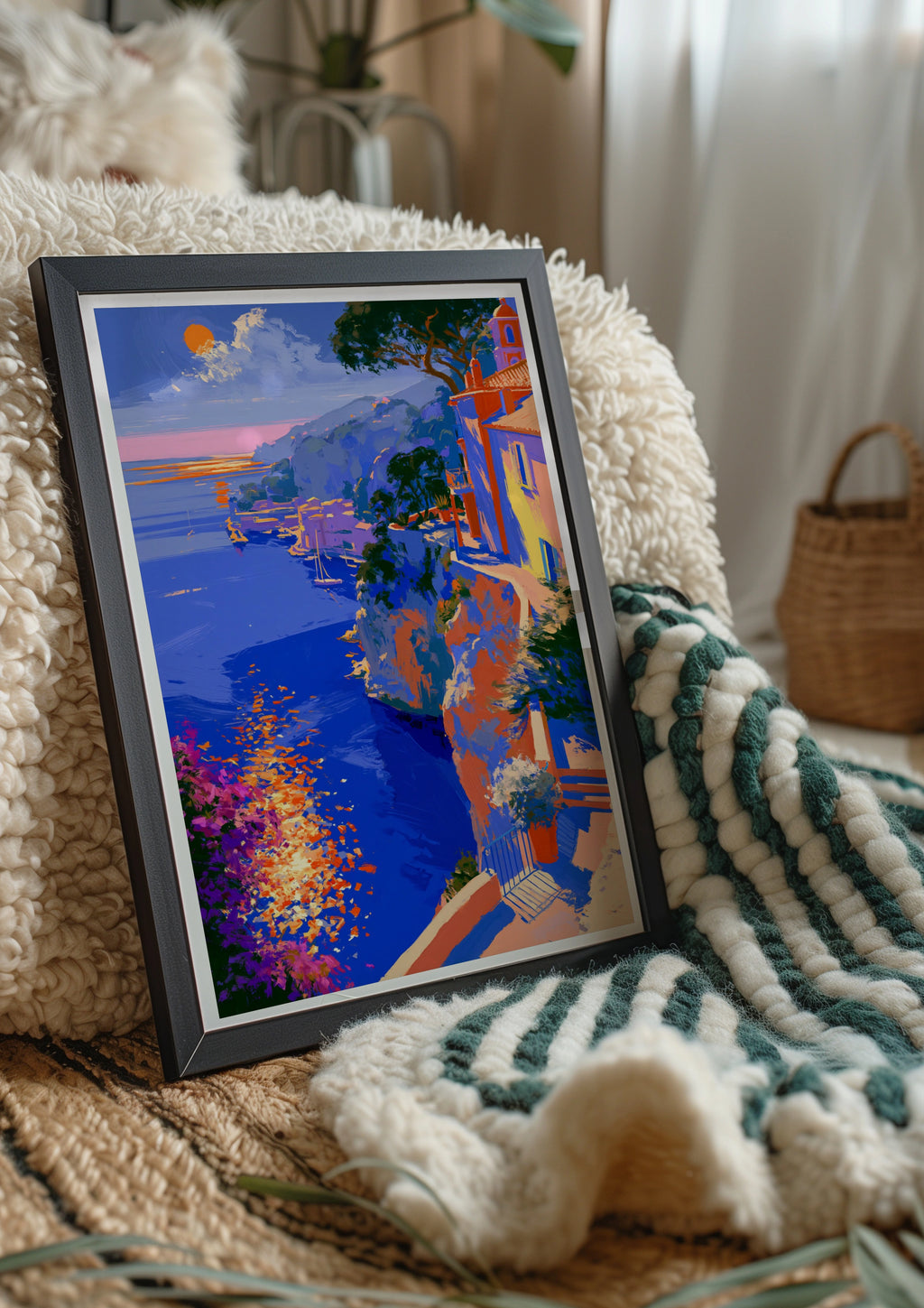 Mediterranean Seaside Sunset Wall Art Poster, Coastal Cliffside Print, Bold Colourful Style