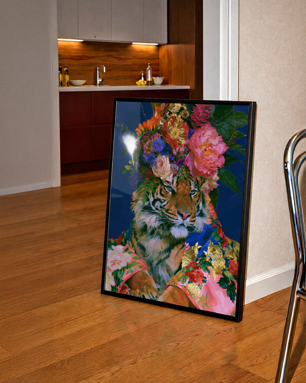 Tiger Floral Crown Poster, Bold Botanical Animal Art Print, Maximalist Wall Art
