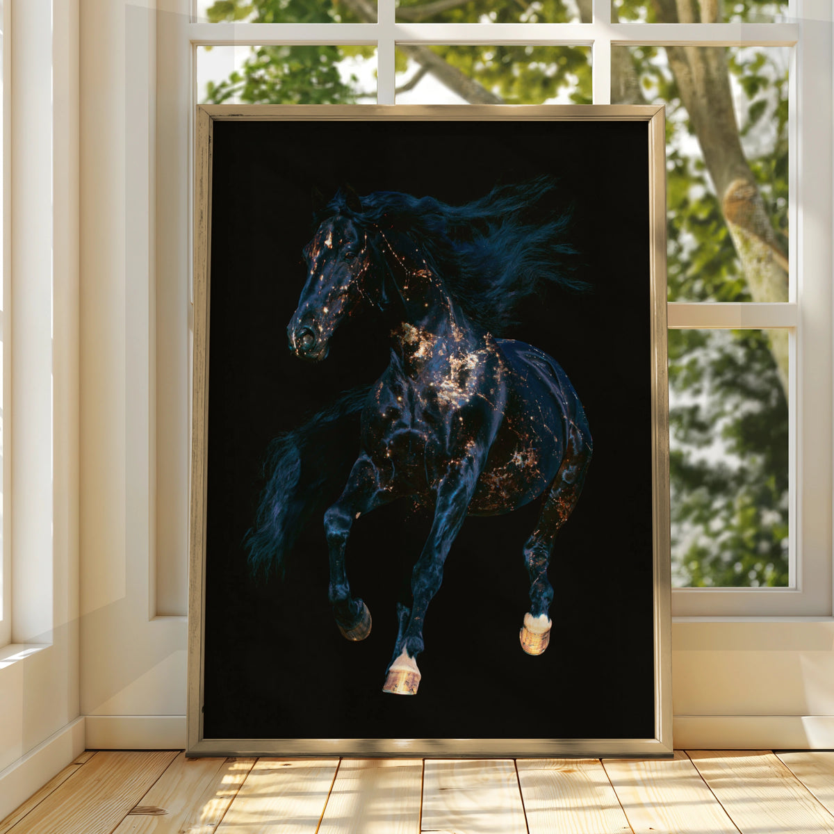 Galaxy Horse Poster, Black Gold Stallion Wall Art, Dark Cosmic Print