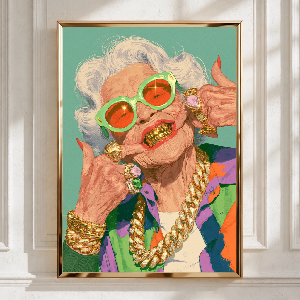 Grandma Grills Poster, Funny Old Lady Gold Teeth, Bold Pop Art Print