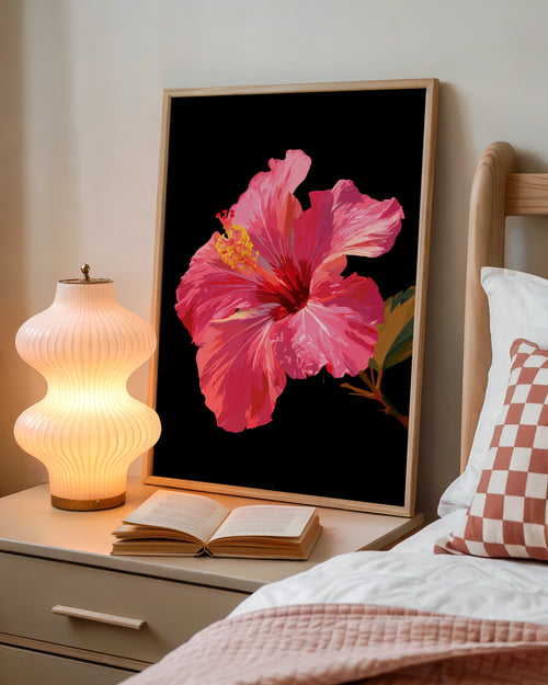 Pink Hibiscus Flower Poster, Tropical Botanical Wall Art, Dark Background Print