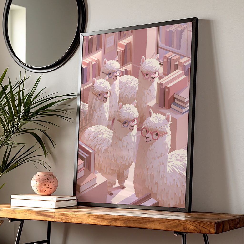 Alpaca Library Poster, Cute Alpacas with Glasses, Pink Bookish Wall Art