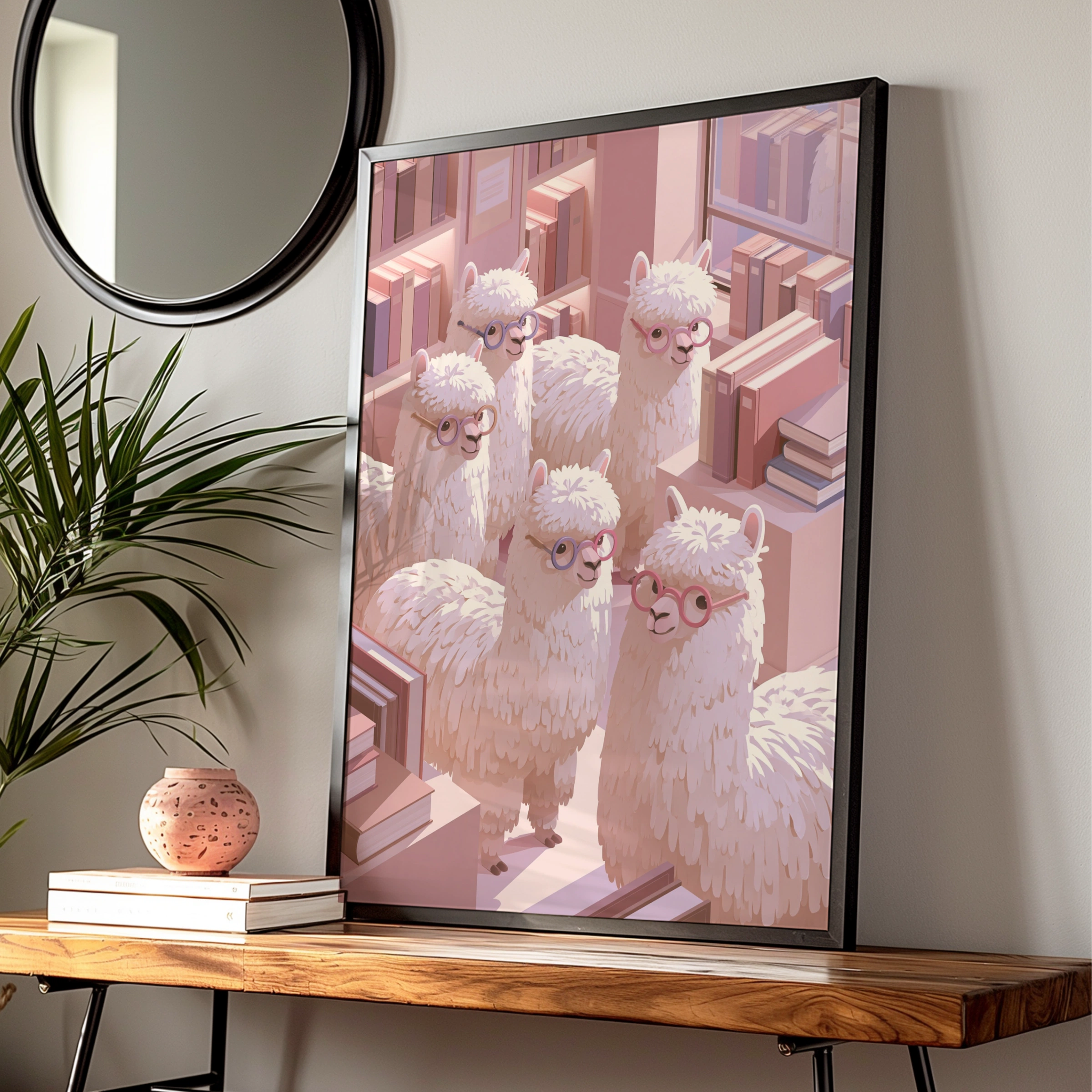 Alpaca Library Poster, Cute Alpacas with Glasses, Pink Bookish Wall Art