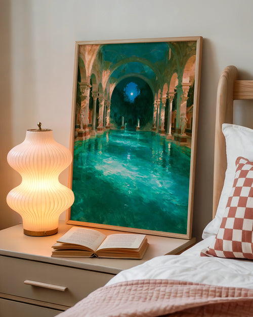 Roman Bathhouse Painting Poster, Ancient Architecture, Teal Moonlit Pool Art