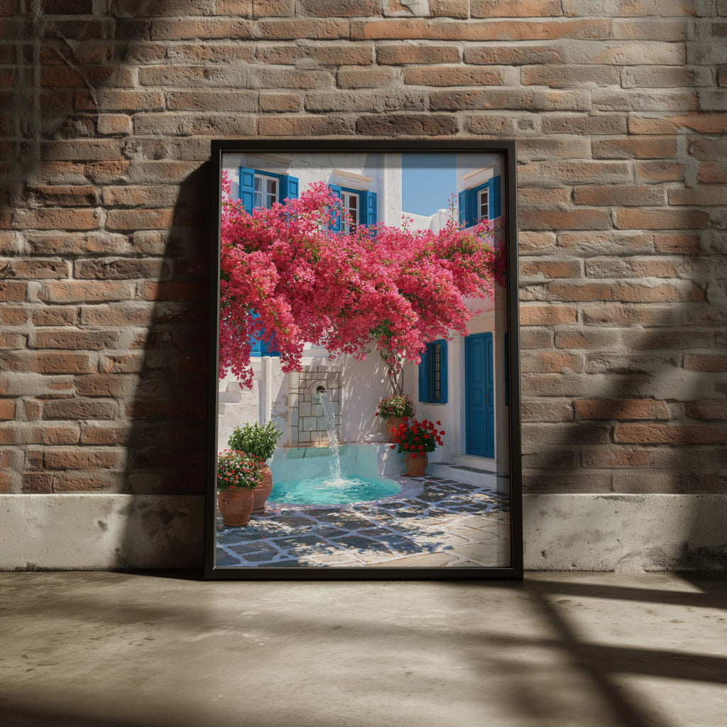 Greek Courtyard Fountain Bougainvillea Poster, Mediterranean Wall Art Print
