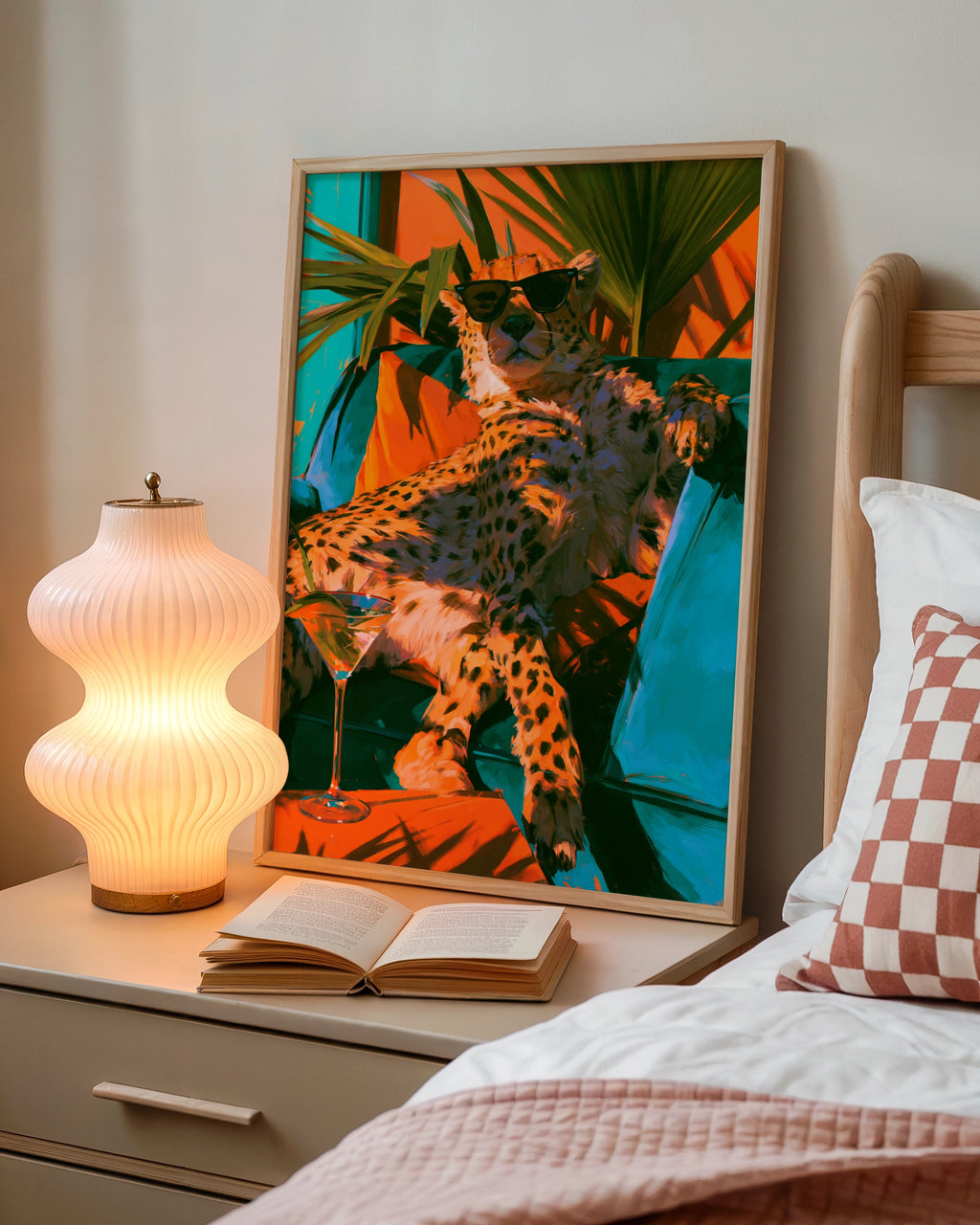 Relaxing Cheetah Sunglasses Martini Poster, Tropical Bold Colour Art Print
