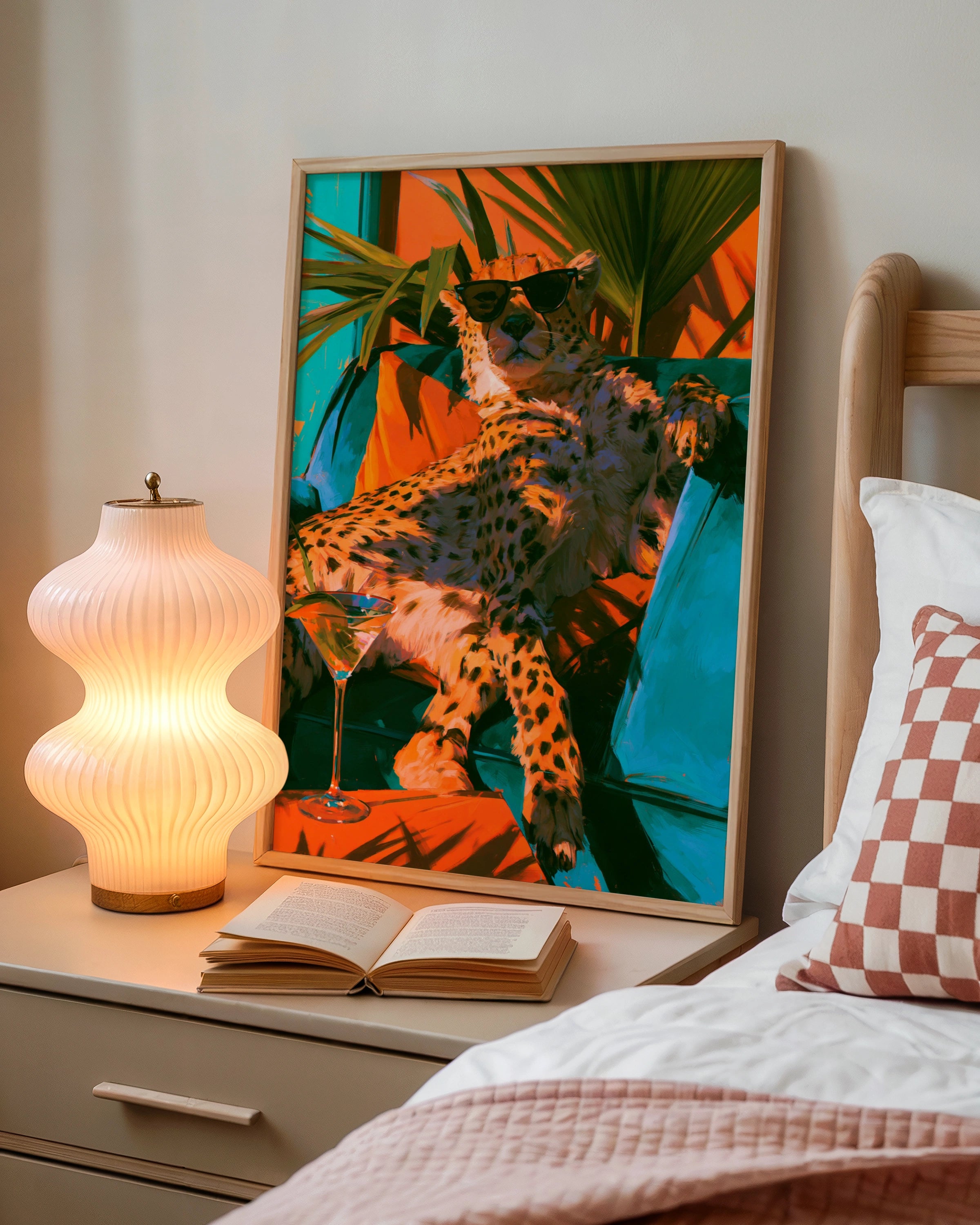 Relaxing Cheetah Sunglasses Martini Poster, Tropical Bold Colour Art Print