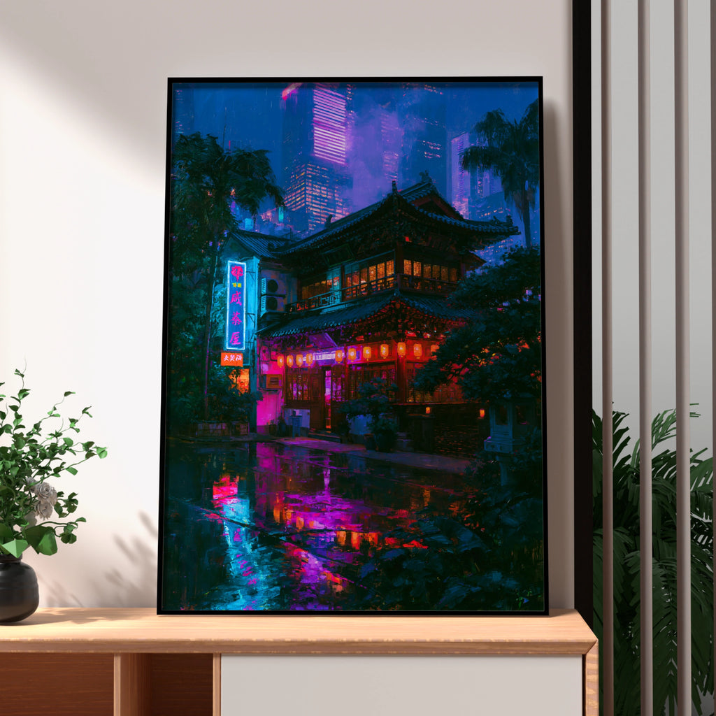 Japan Cyberpunk Night City Poster, Neon Tokyo Street Art Print, Futuristic