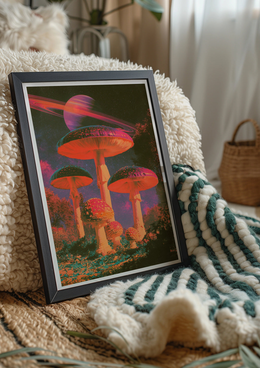 Surreal Mushroom Saturn Space Poster, Psychedelic Fungi Wall Art Print