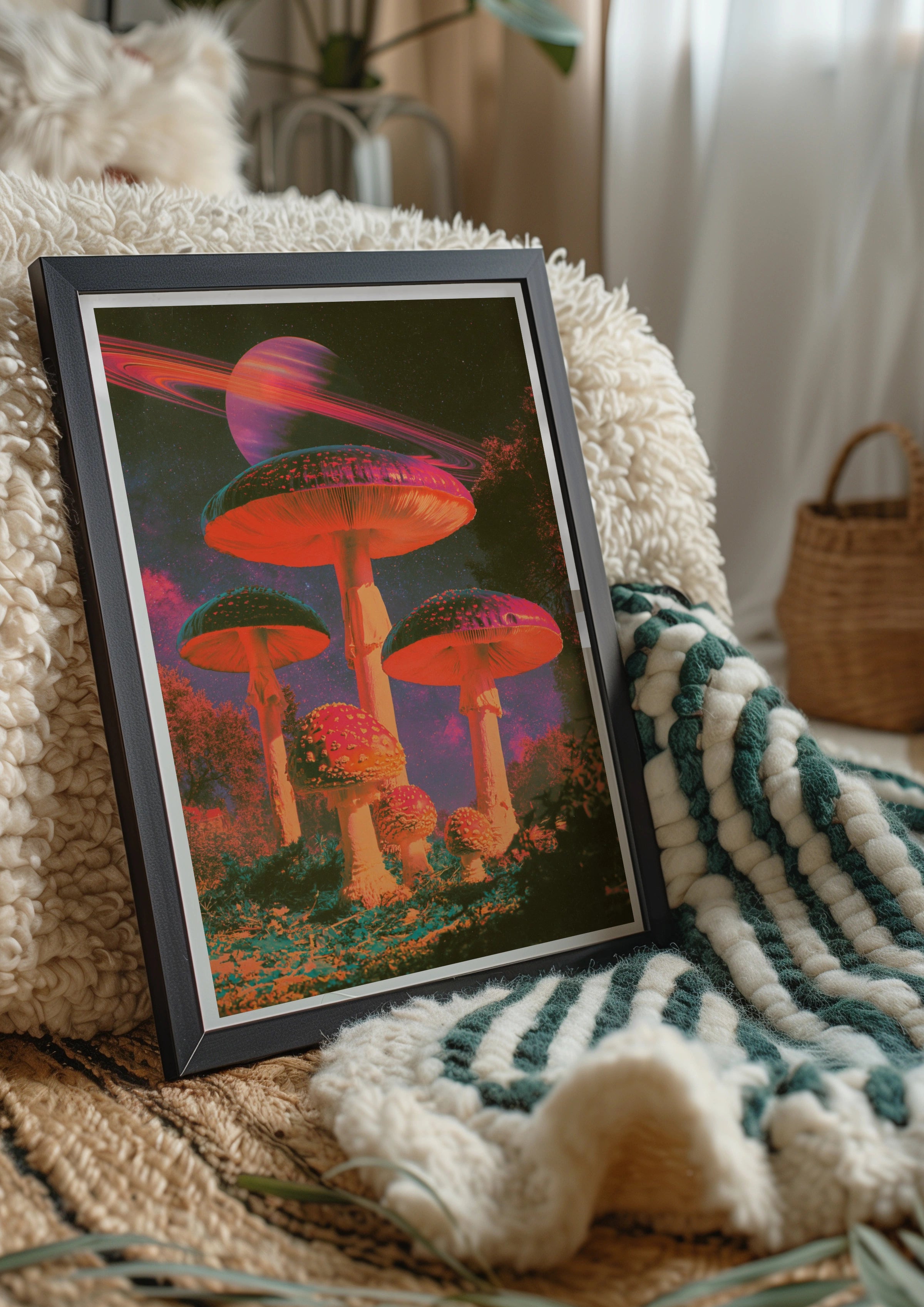 Surreal Mushroom Saturn Space Poster, Psychedelic Fungi Wall Art Print