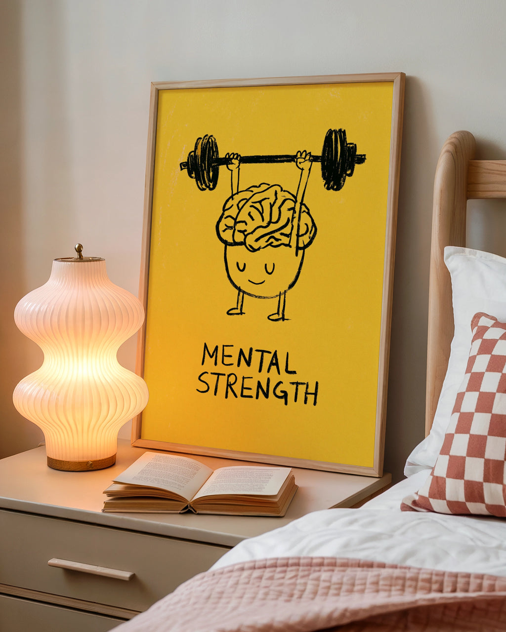 Mental Strength Brain Weightlifting Poster, Motivational Wall Art, Yellow Bold Print