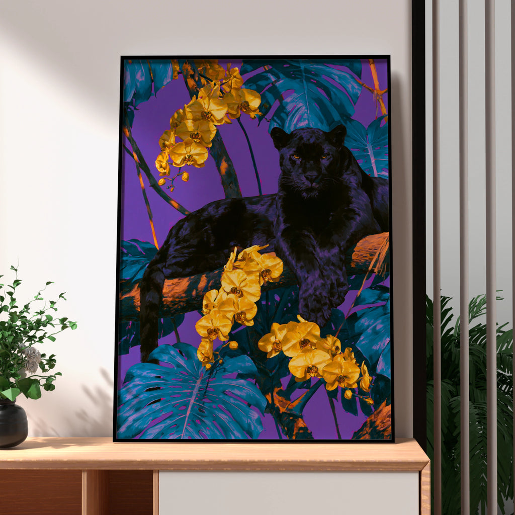 Black Panther Yellow Orchids Poster, Tropical Jungle Wall Art, Bold Colourful Print