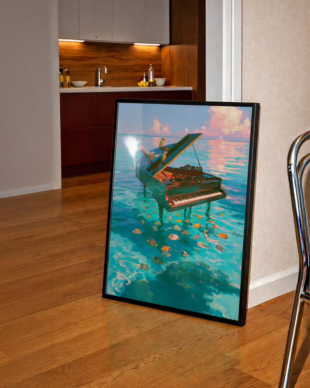 Piano in the Ocean Poster, Tropical Fish Birds Sea Art Print, Surreal