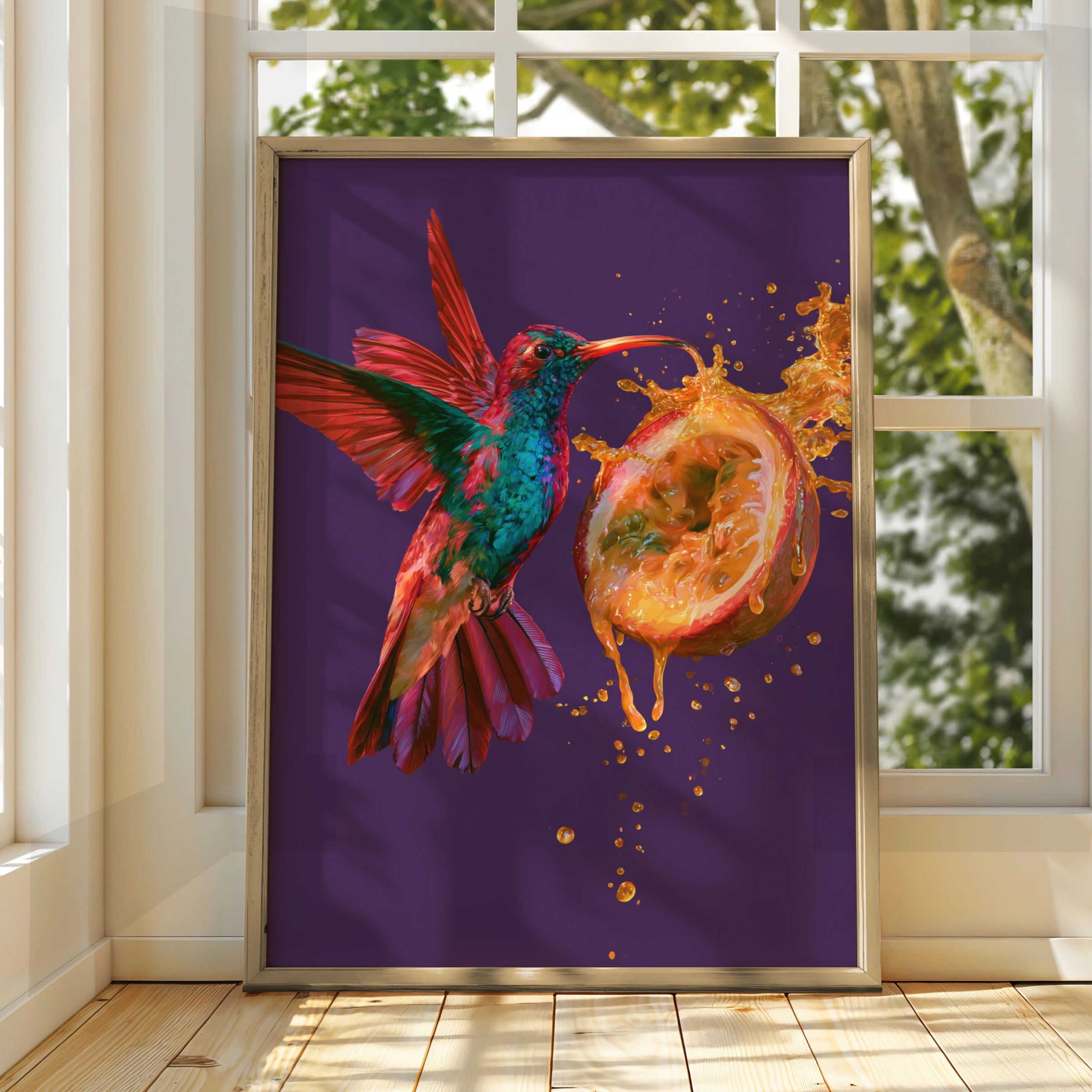 Hummingbird Passion Fruit Wall Art Poster, Vibrant Tropical Bird Print