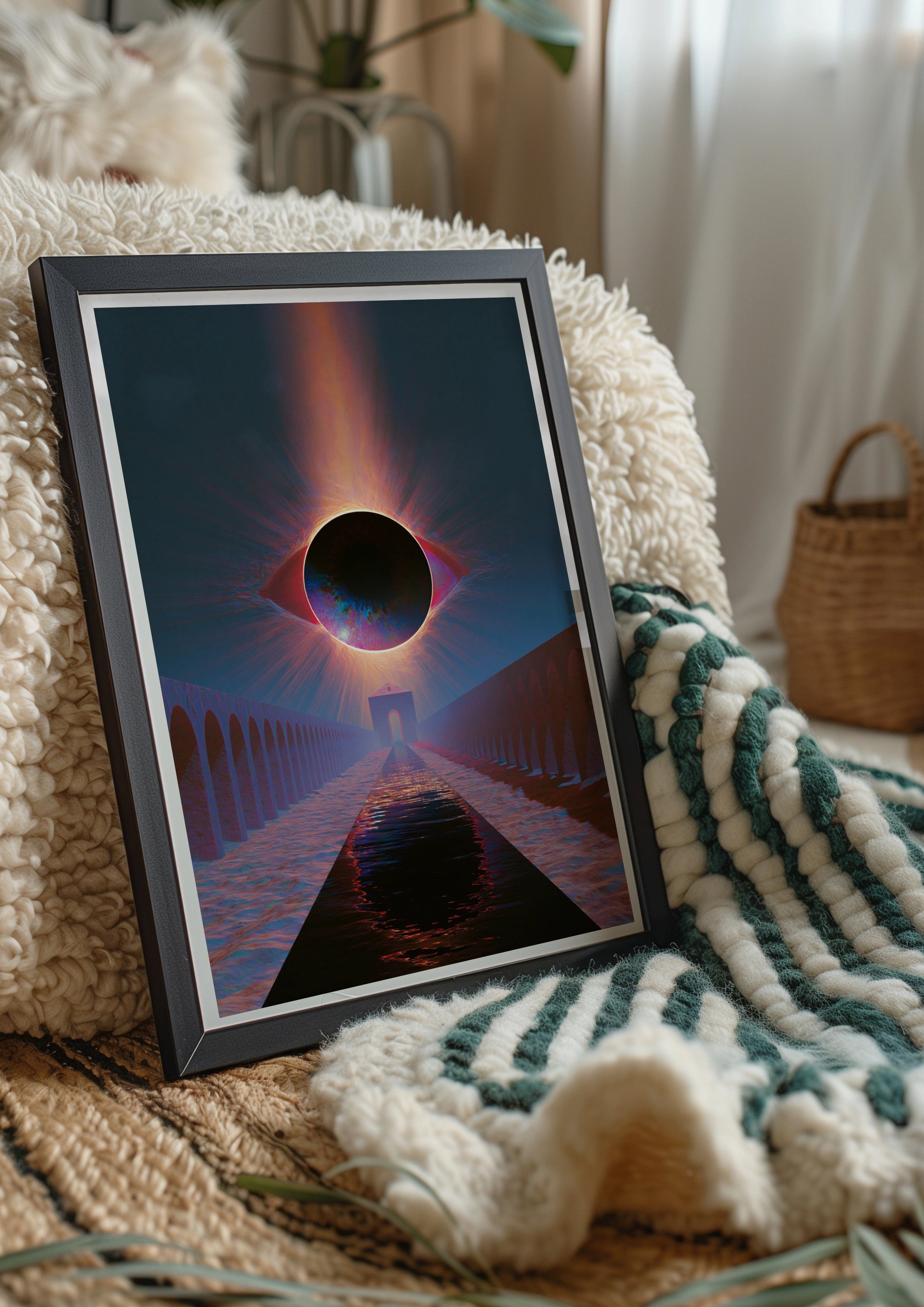 Eclipse Eye Arches River Abstract Poster, Surreal Dark Sky Art Print