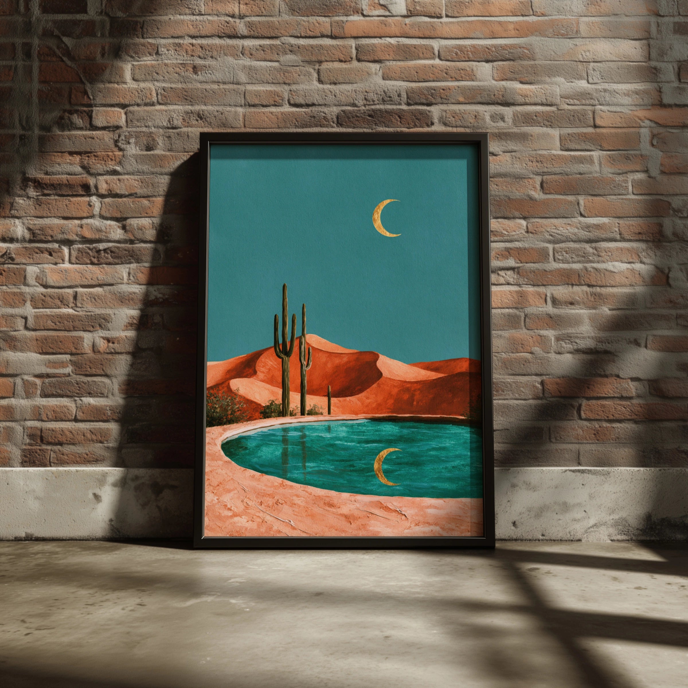 Cactus Moon Desert Pool Poster, Crescent Reflection Art, Boho Landscape Print