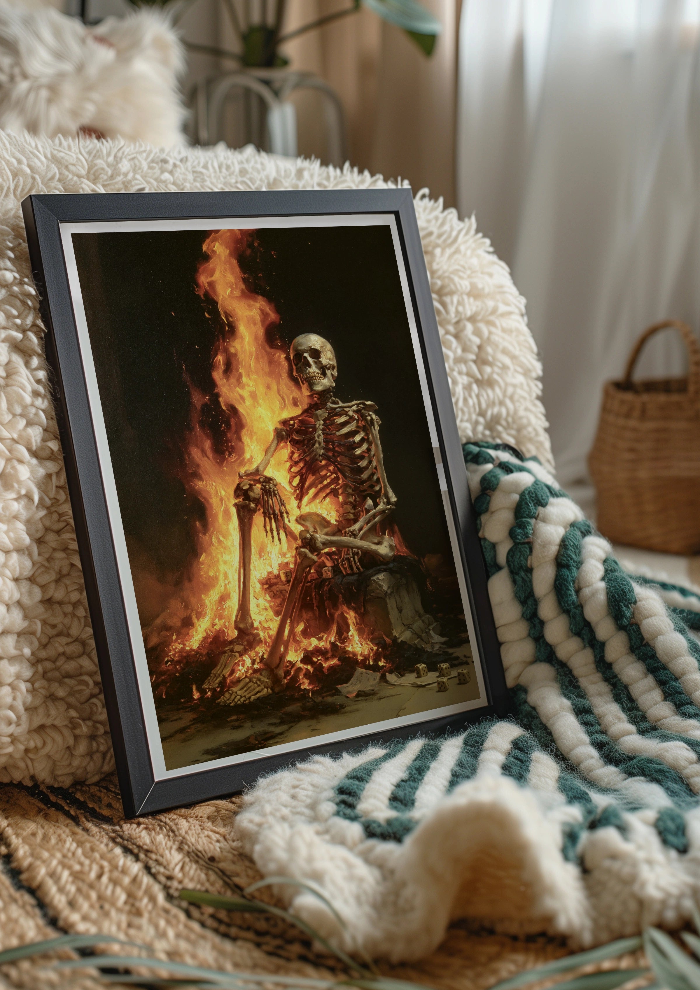 Skeleton Fire Dice Poster, Dark Gothic Wall Art, Oil Painting Style Print