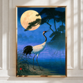 Japanese Crane Full Moon Poster, Ukiyo-e Style Wall Art, Foggy Night Print