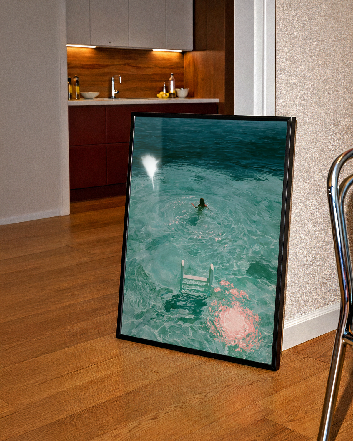 Woman Swimming in Turquoise Sea, Ladder Moon Poster, Dreamy Figurative Art