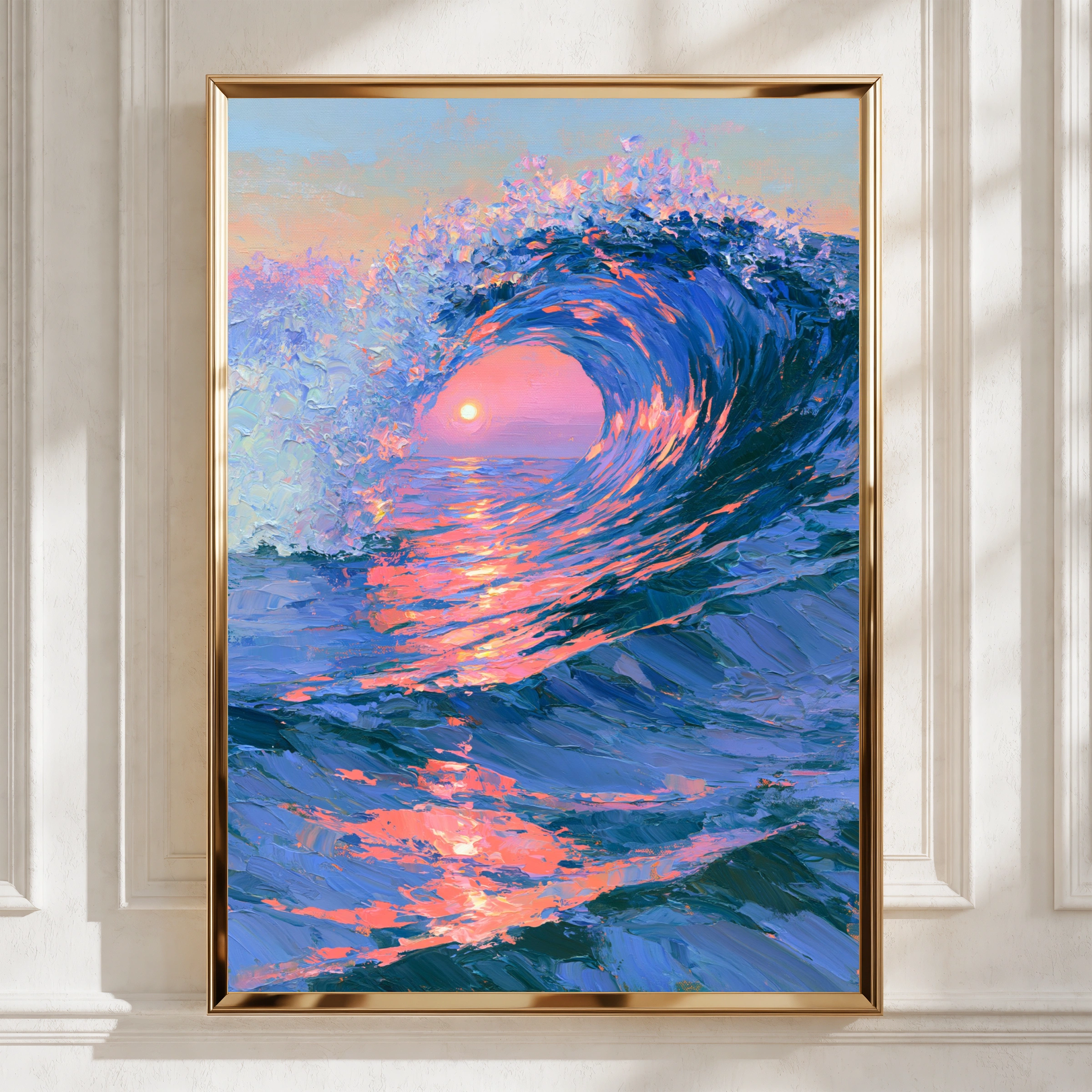 Ocean Wave Sunset Poster, Impressionist Sea Art Print, Blue Pink Wall Art