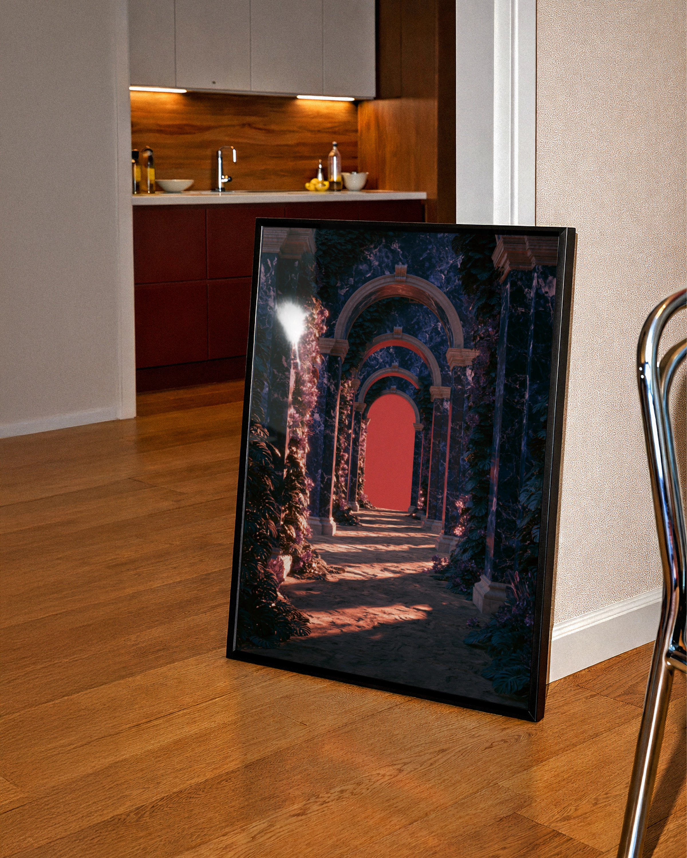 Blue Marble Arches Red Glow Poster, Classical Architecture Art Print
