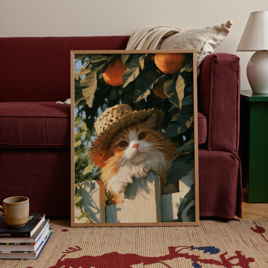 Cat in Straw Hat Orange Tree Garden Poster, Painterly Wall Art