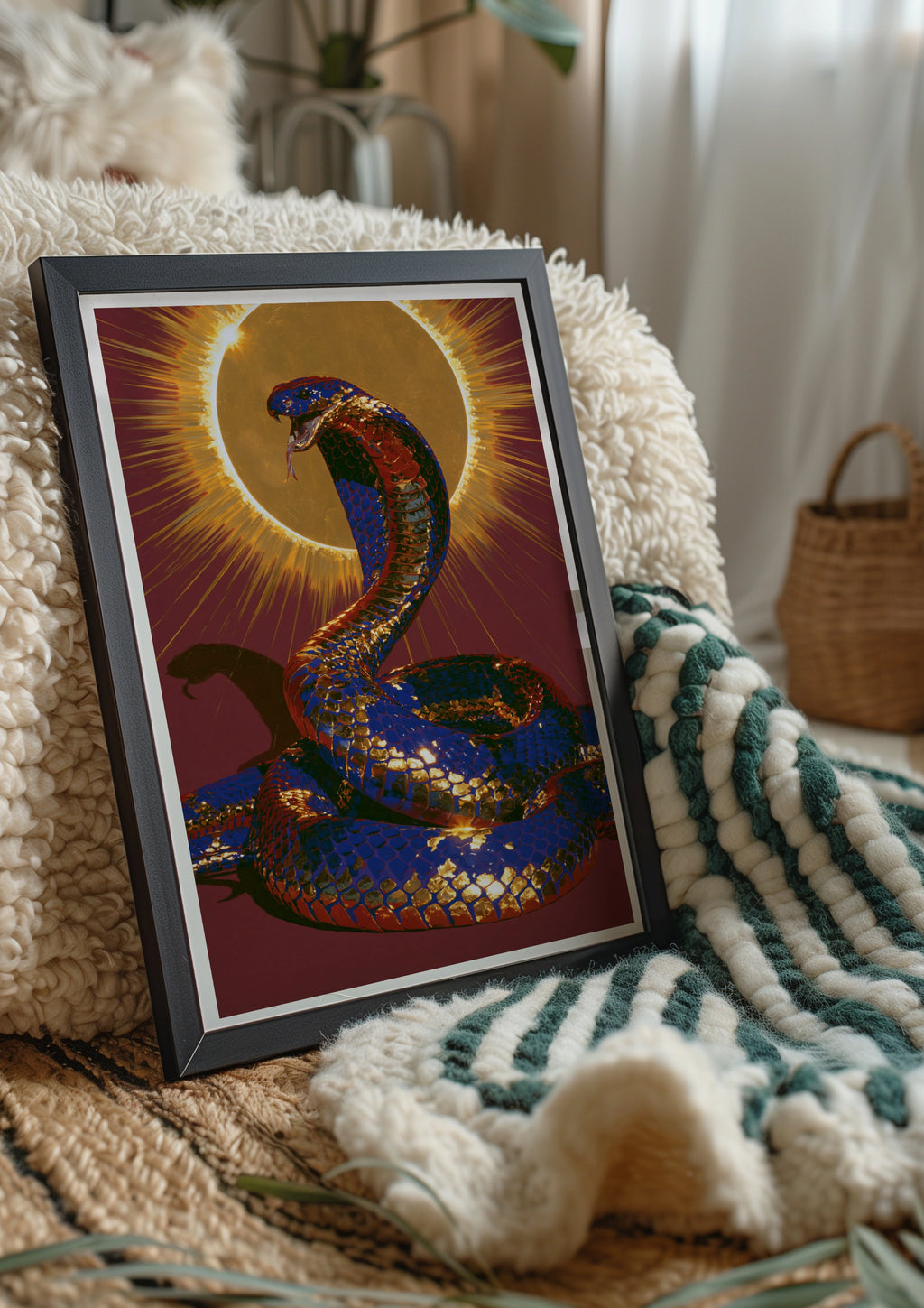Cobra Snake Sun Poster, Crimson Blue Gold Wall Art, Mythic Serpent Print